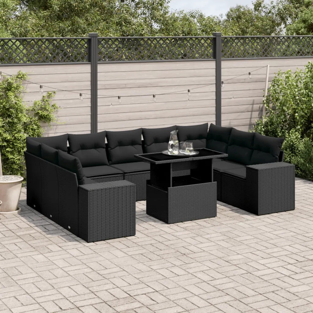 Set Divani da Giardino 10pz con Cuscini in Polyrattan Nero