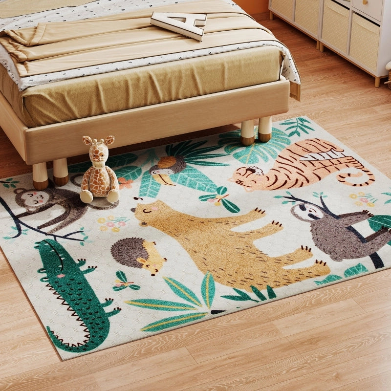 Tappeto in fleece con motivo giungla, facile da pulire, crema e multicolore