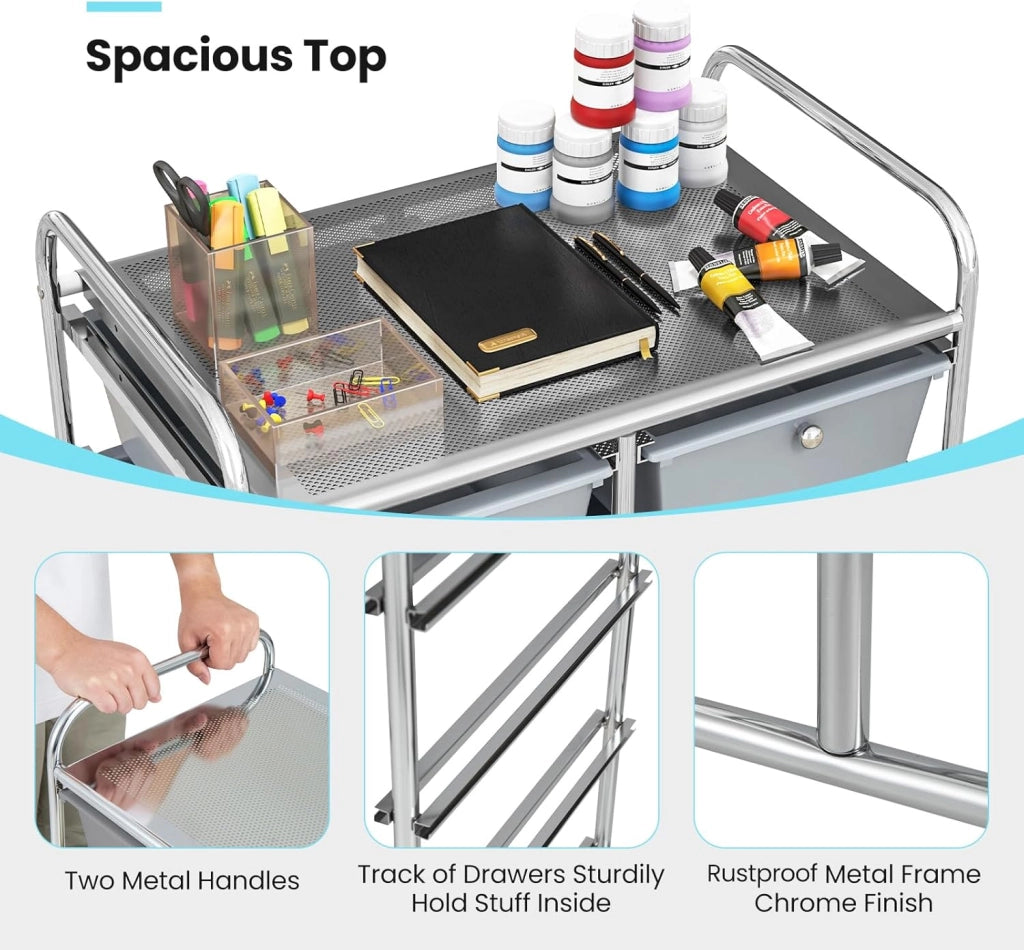 Carrello con 10 cassetti, impilabile, carrello per cassetti, carrello da cucina con ruote bloccabili, carrello per cucina, bagno, ufficio, 65,5 x 37 x 87 cm, grigio chiaro e nero