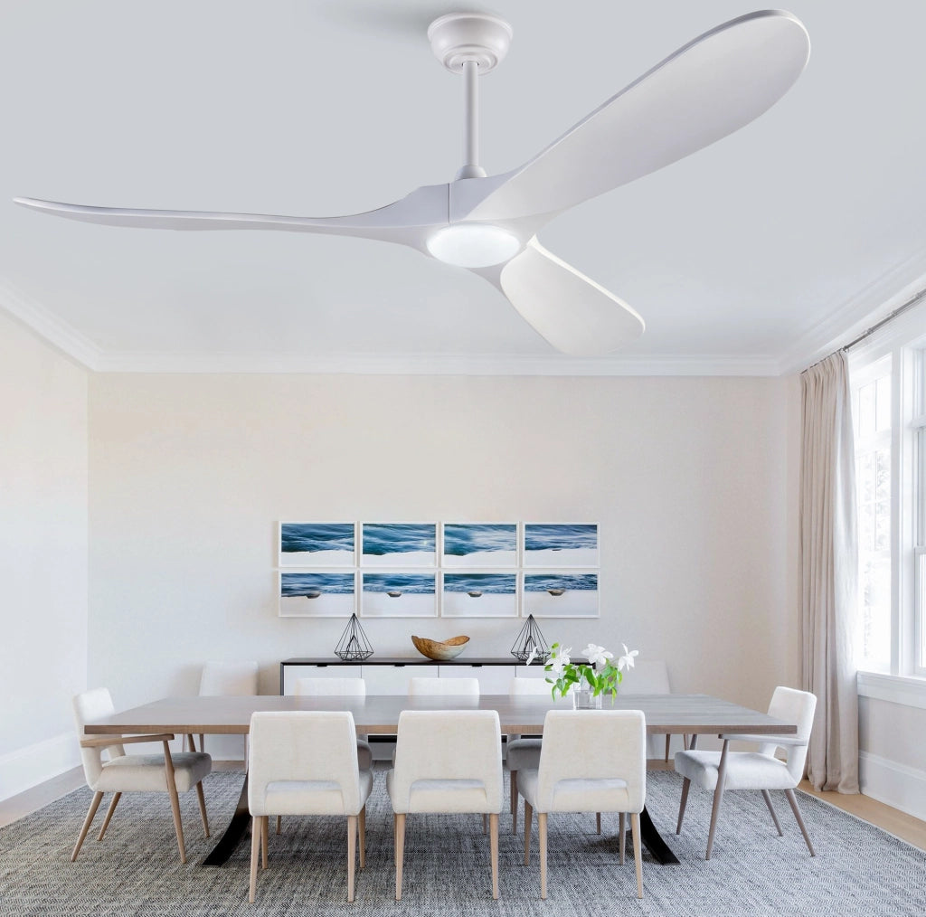 Ventilatore da soffitto 60" con LED dimmerabile; 3 pale in legno massello; bianco