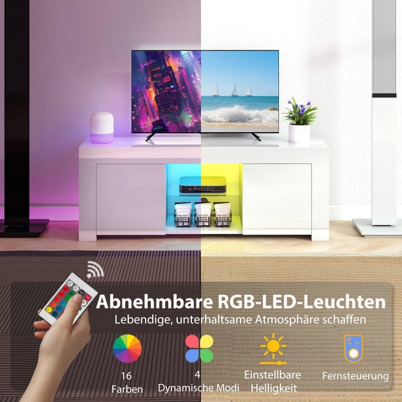 Mobile porta TV con LED RGB 2 ante 2 vani aperti e ripiano in vetro moderno per soggiorno bianco 120 × 34 × 45 cm