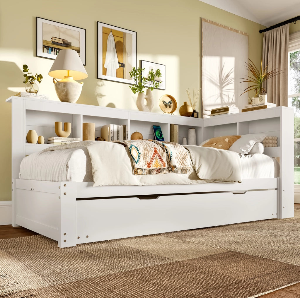 Divano letto 90x200 cm con letto estraibile; presa di ricarica e 2 porte USB in pino bianco