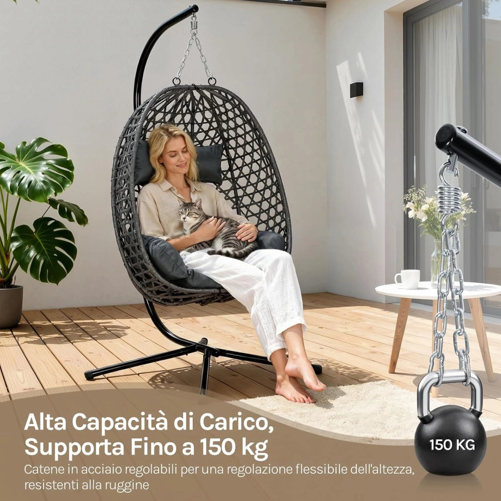 Poltrona Sospesa a Uovo, Sedia Sospesa con Supporto in Metallo, Cuscino e Poggiatesta, Altezza Regolabile, in Rattan PE, per Giardino, Terrazza, 102x100x196 cm, Grigio