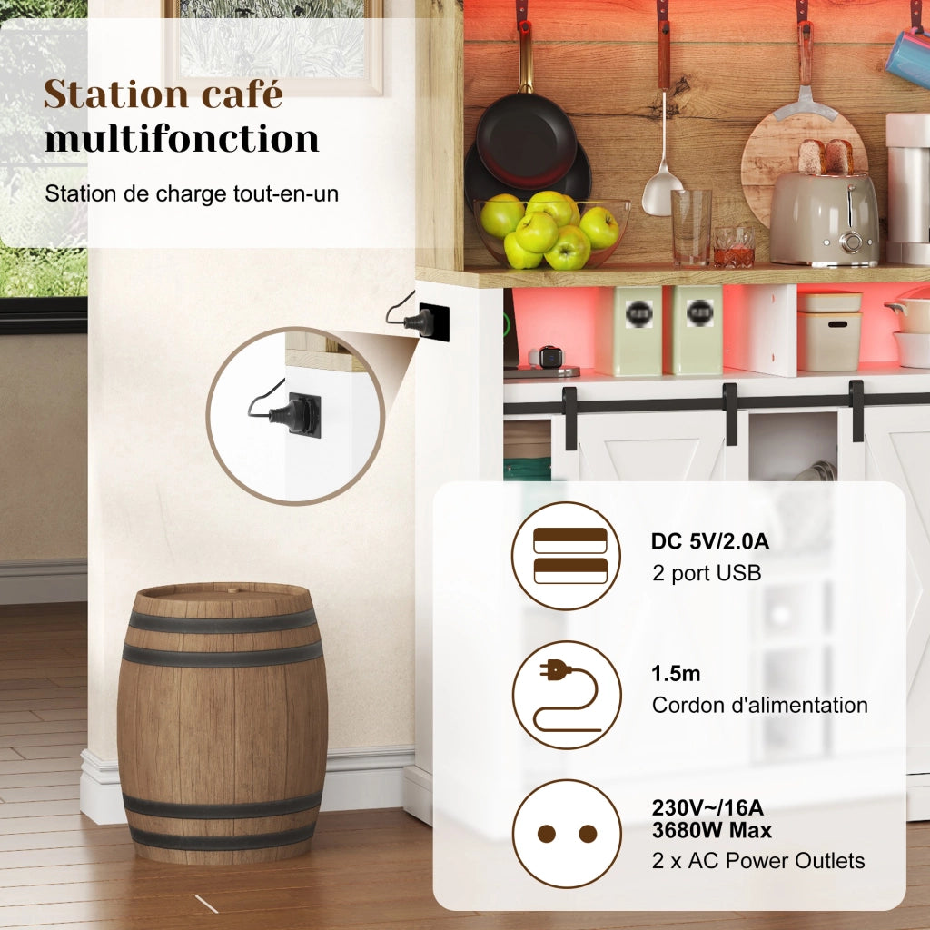 Credenza da cucina alta con LED; 2 prese; 2 porte USB; ganci; ripiani aperti e vetrina; per cucina e sala da pranzo; 40 × 110 × 191 cm