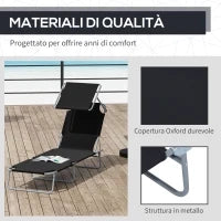 Lettino Prendisole da Giardino Pieghevole e Regolabile con Tettuccio in Tessuto Nero, 187x58x50 cm