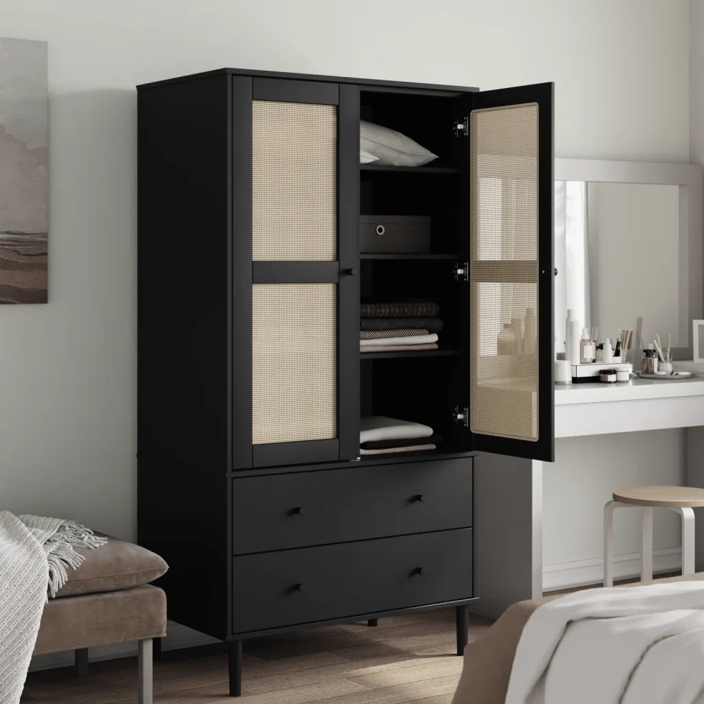Armadio SENJA Aspetto Rattan Nero 90x55x175 cm Massello Pino 358036