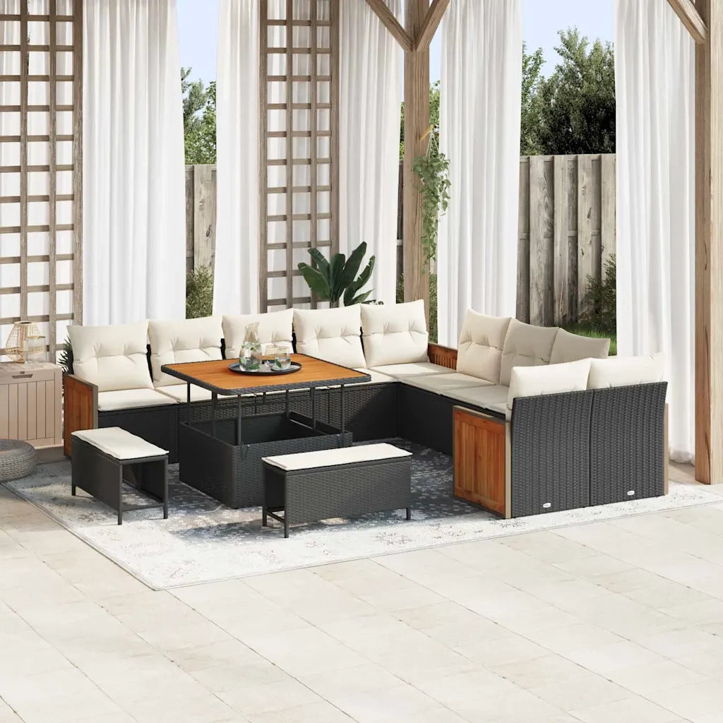 Set Divano da Giardino 17 pcs Nero e Crema polyrattan