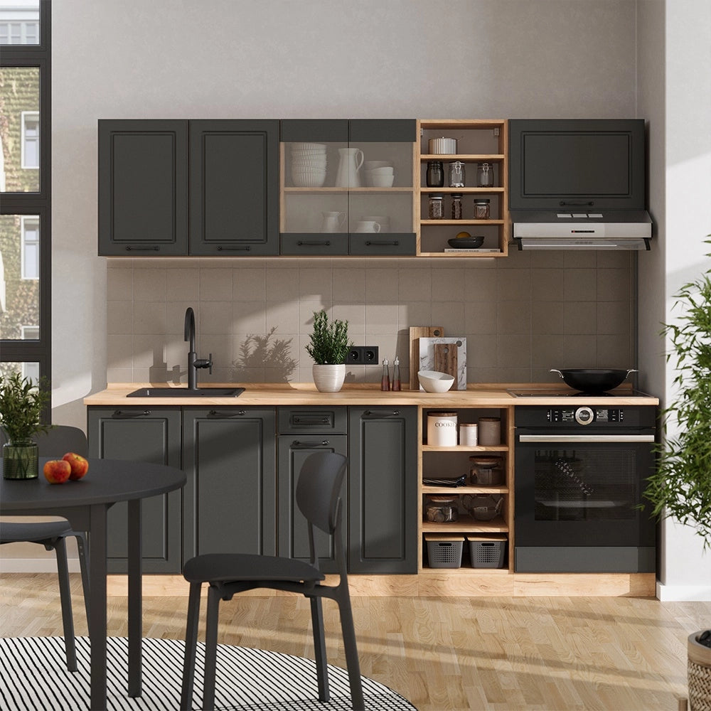 Cucina componibile R-Line Antracite rustico/Rovere dorato 240 cm, PL Marmo Vicco
