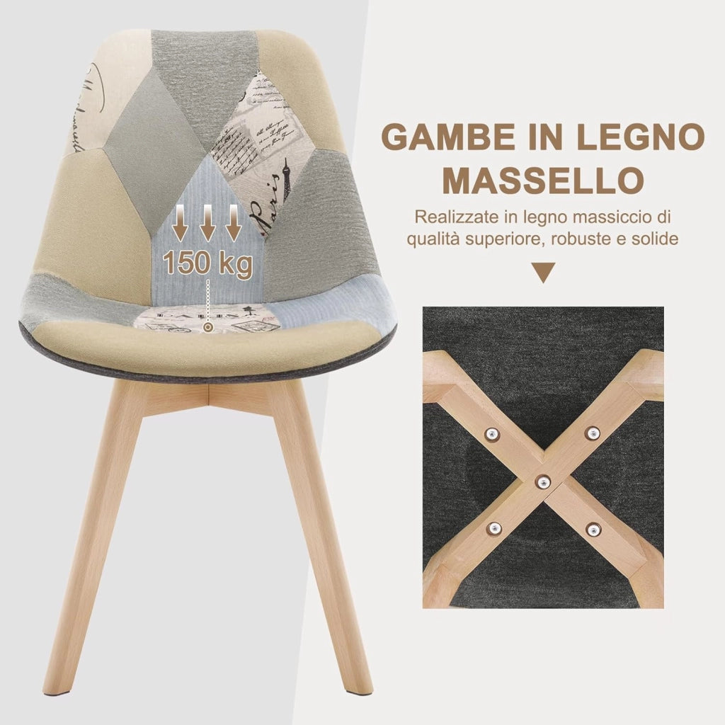 Set di 4 sedie da pranzo Sedia da Scrivania con Schienale Rivestito in Tessuto di Lino Patchwork Gambe Legno Moderno BH29pw-4