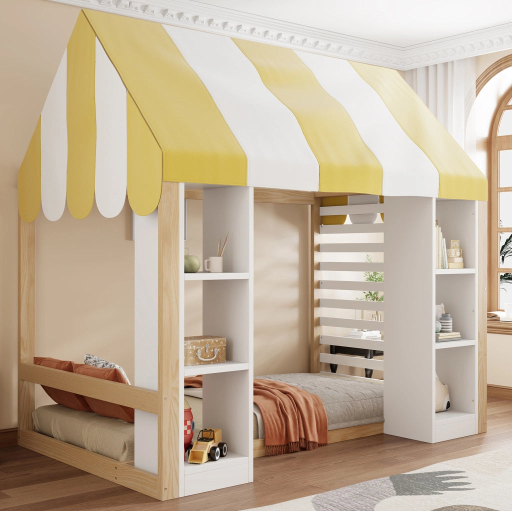 Letto bambini 90x200 cm con baldacchino e vani portaoggetti; bianco e colore naturale