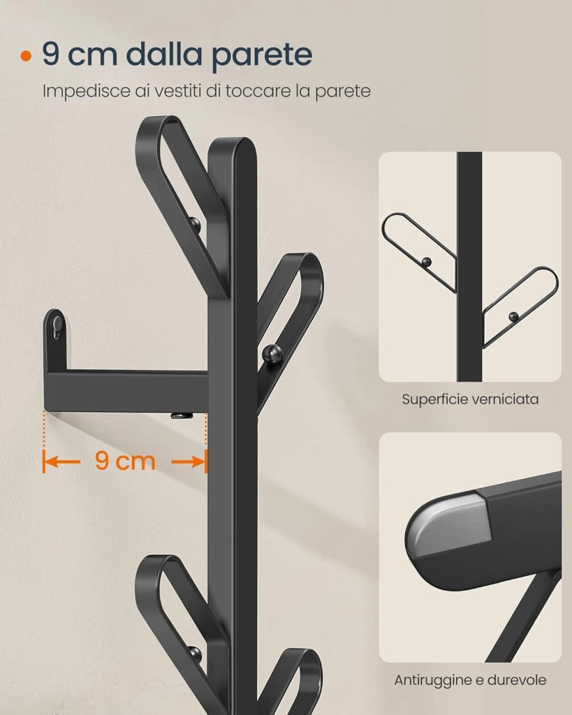 Appendiabiti da Parete, Attaccapanni da Muro a Forma di Ramo, con 7 Ganci, Blocchi Sferici, per Vestiti, Cappelli, Borse, Nero Inchiostro RCR035B01