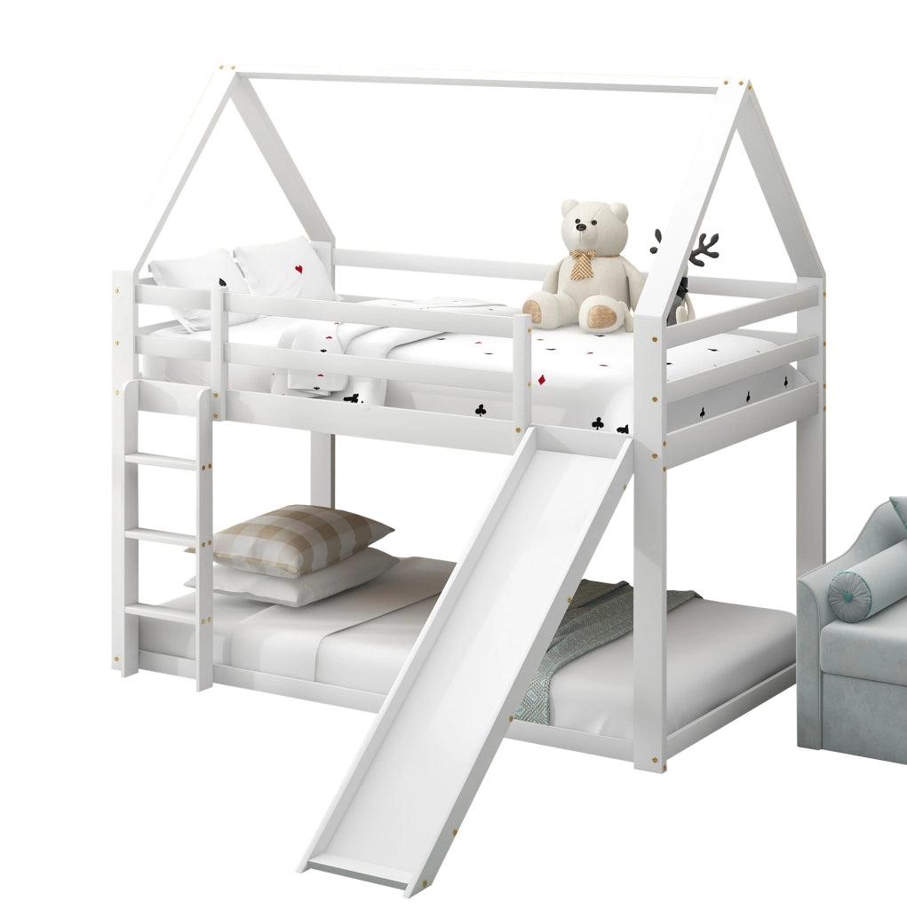 Letto a castello 90x200 cm a forma di casa con scivolo e scala in legno bianco