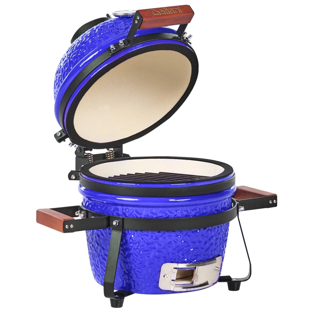 Mini barbecue da esterno in ceramica a carbone con coperchio termometro e griglia di cottura colore blu