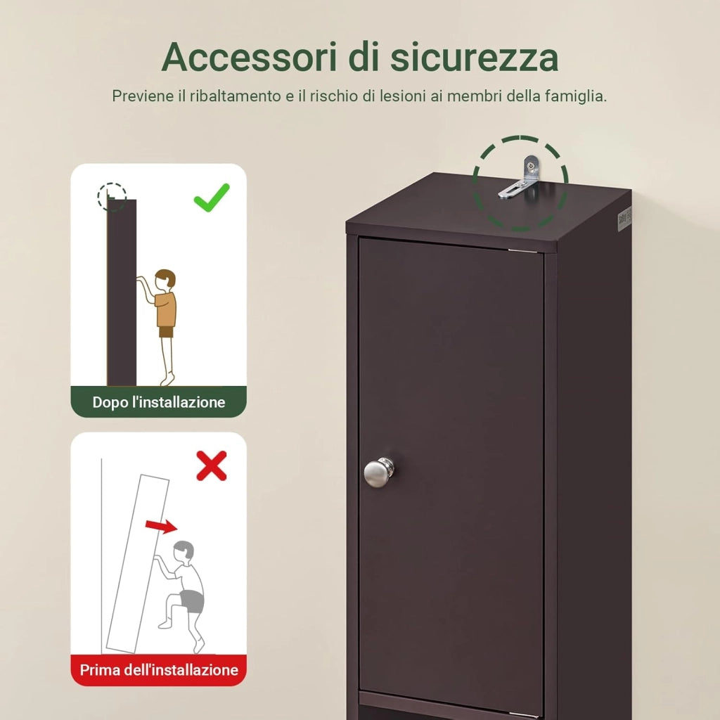 Mobile Bagno Stretta – Colonna Bagno Idrorepellente, Alto con Ripiani Regolabili e Cassetto – Armadietto Salvaspazio, MDF, Marrone scuro, 20x180x20cm, BZR34-II-BR