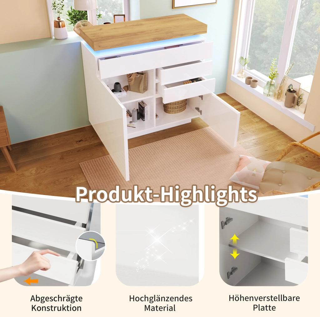 Sideboard lucido bianco con LED; 115 x 110 x 39 cm; in truciolare e MDF