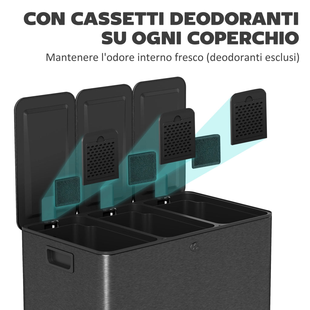 Pattumiera a 3 Sezioni da 20L 61,9x36,6x56,7 cm con Coperchio Silenzioso in Acciaio Inox e PP Nero