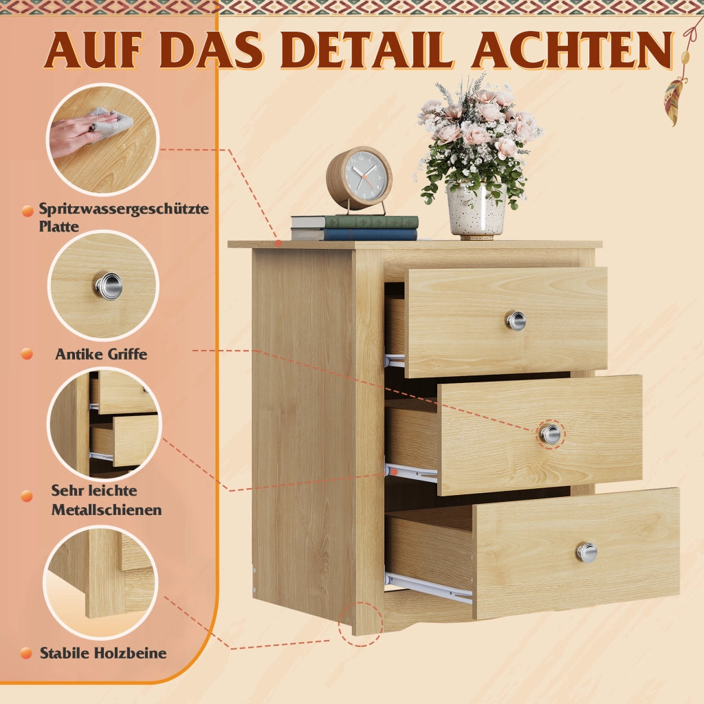 Comodino 3 Cassetti con USB e Prese ¨C zephmum ¨C Legno Rovere 40x40x50 cm