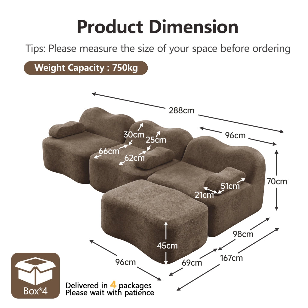 Divano angolare modulare senza struttura con pouf e seduta profonda, braccioli ergonomici in velluto marrone