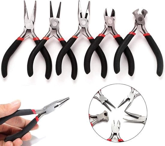 Set di 5 pinze per gioielli, 1 pinza fine, 1 pinza rotonda, 1 pinza per tagliare fili, 1 pinza curva, 1 pinza piatta, per la creazione di gioielli, artigianato