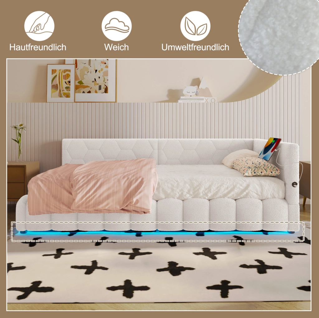 Letto singolo 90x200 cm con contenitore, LED, USB e Type-C