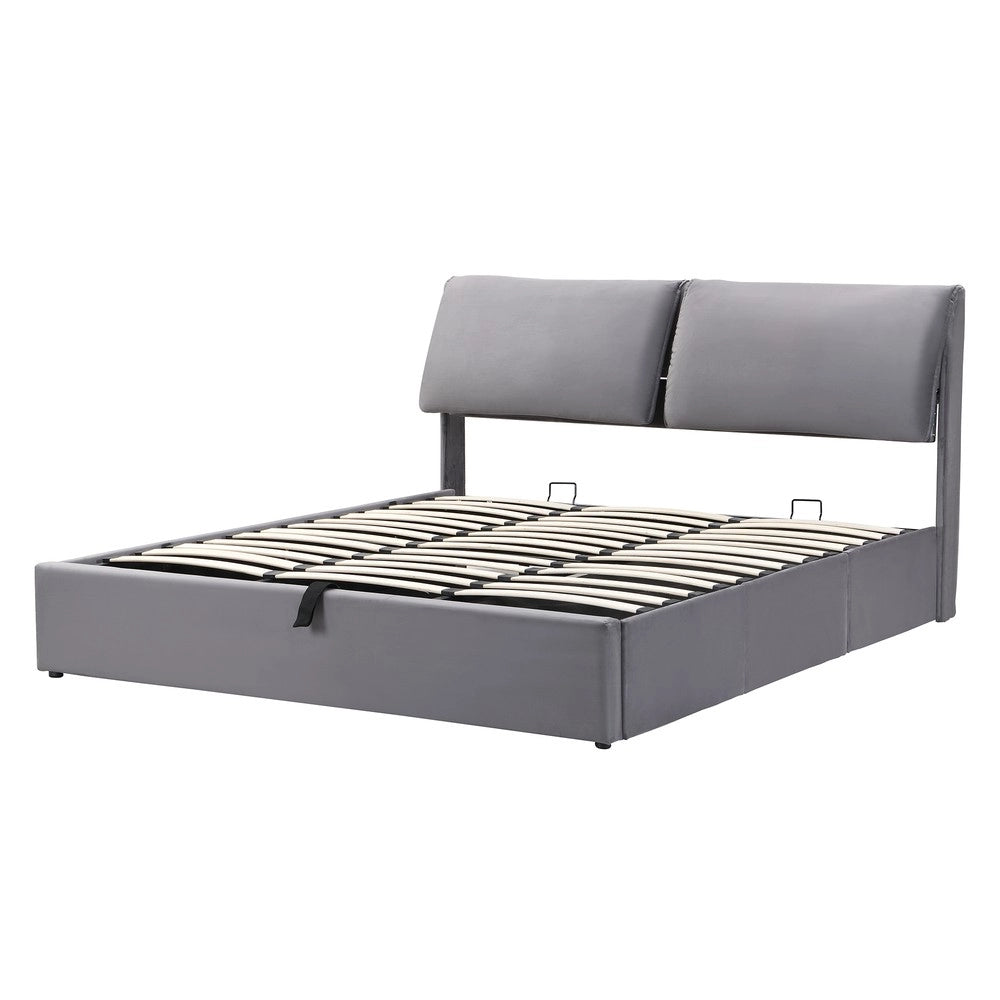 Letto Contenitore Imbottito in Velluto ¨C Xylo ¨C Grigio 160x200, Cassetti, Testiera, Rete a Doghe