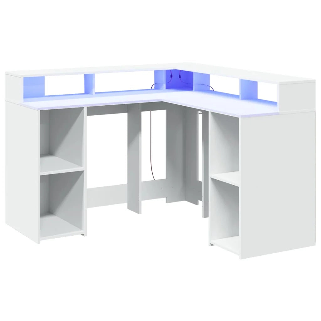 Scrivania tavolo postazione di lavoro scrivania per computer mobile da studio con luci a LED 130 x 130 x 91 cm legno ingegnerizzato bianco 02_0023405