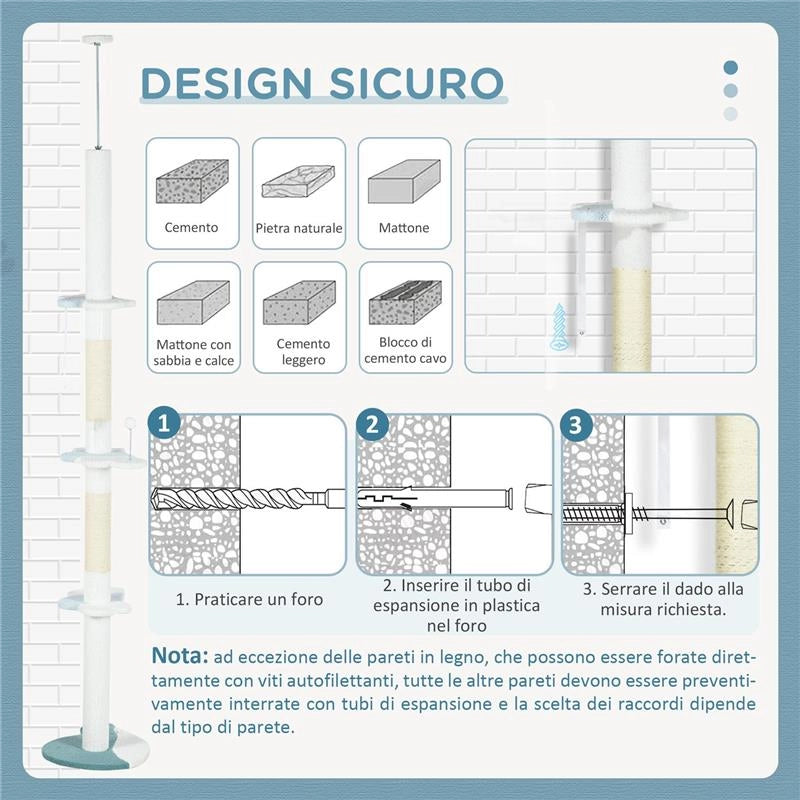 ALBERO TIRAGRAFFI PER GATTI A SOFFITTO CON PALO REGOLABILE DA 225-255 CM, PALLINA E PIATTAFORME, BIANCO
