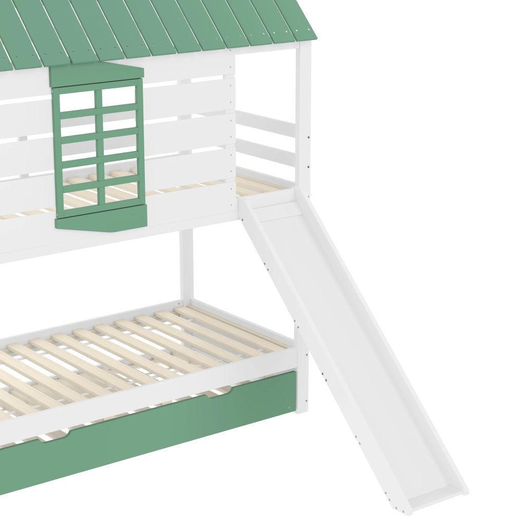 LETTO A CASTELLO IN FORMA DI CASA 90x200 cm CON SCIVOLO E LETTO ESTRAIBILE BIANCO/VERDE