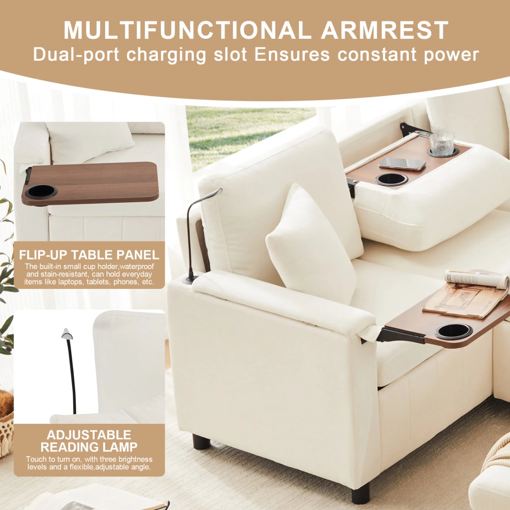 Divano angolare convertibile con funzione letto, tavolino ribaltabile, lampada, USB e Type-C, in Chenille, Beige