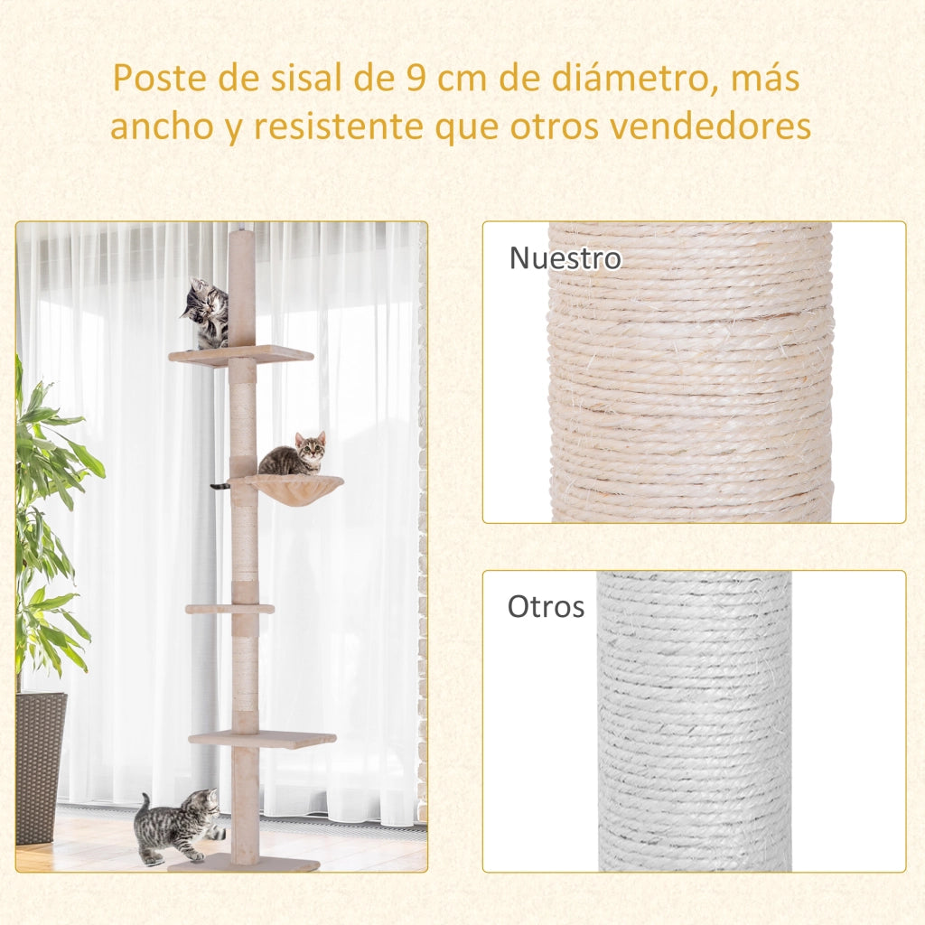 Albero per gatti regolabile 230-260 cm con piattaforme amaca e pali sisal beige ¨C zephmum