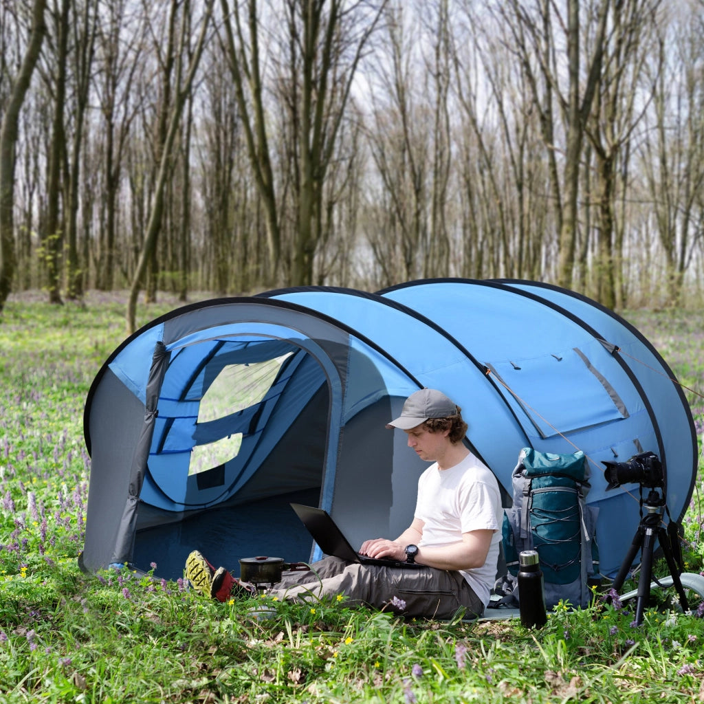 Tenda da Campeggio Pop Up 2 Posti con 2 Porte e 4 Finestre ¨C zephmum ¨C Blu, 263.5x220x123 cm