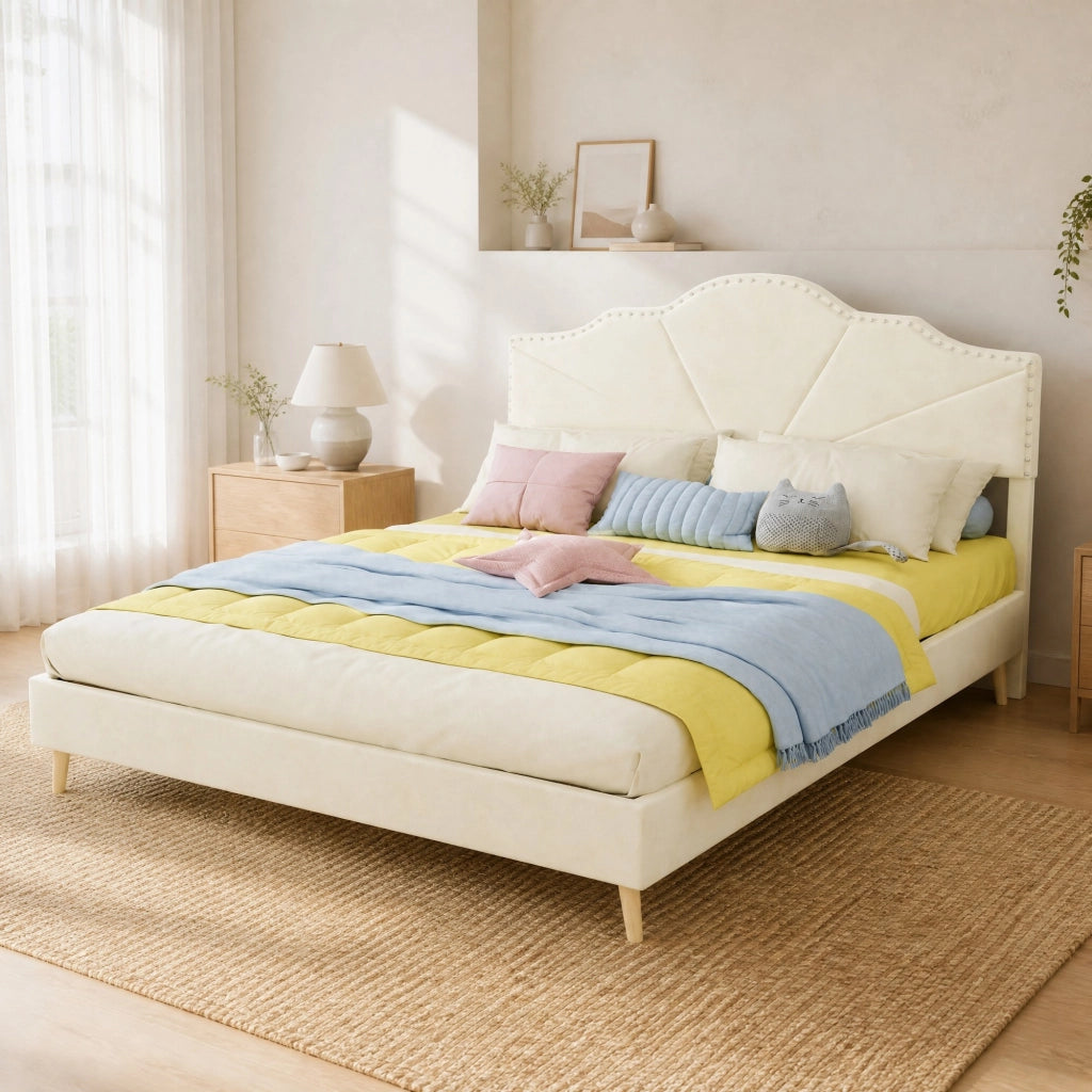 Letto imbottito con testiera geometrica 160 x 200 cm; rivestimento beige