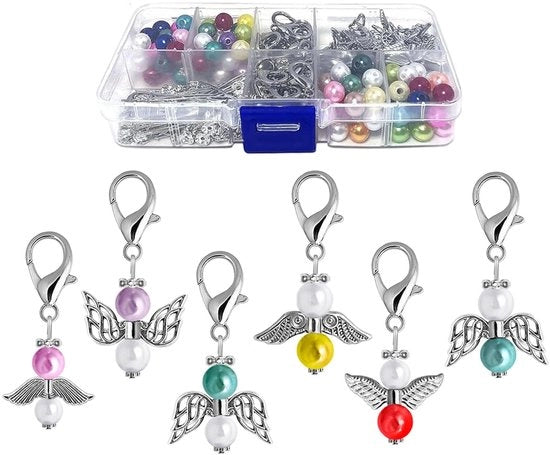 Kit di creazione di un angelo da appendere - 50 set di portachiavi - Angelo colorato da appendere - Kit da fare da te - Set di anelli di metallo - Perle d'arte - Facile da utilizzare - Portachiavi