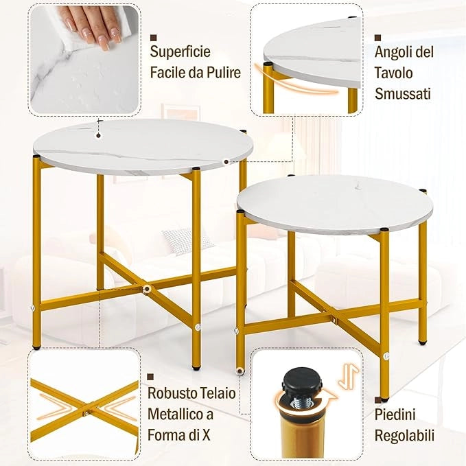 Set di Tavolini da Caffè Rotondi da 2 Pezzi, Tavolini Impilabili con Struttura in Metallo Robusta e Piedini, Ideale per Soggiorno, Ufficio e Balcone