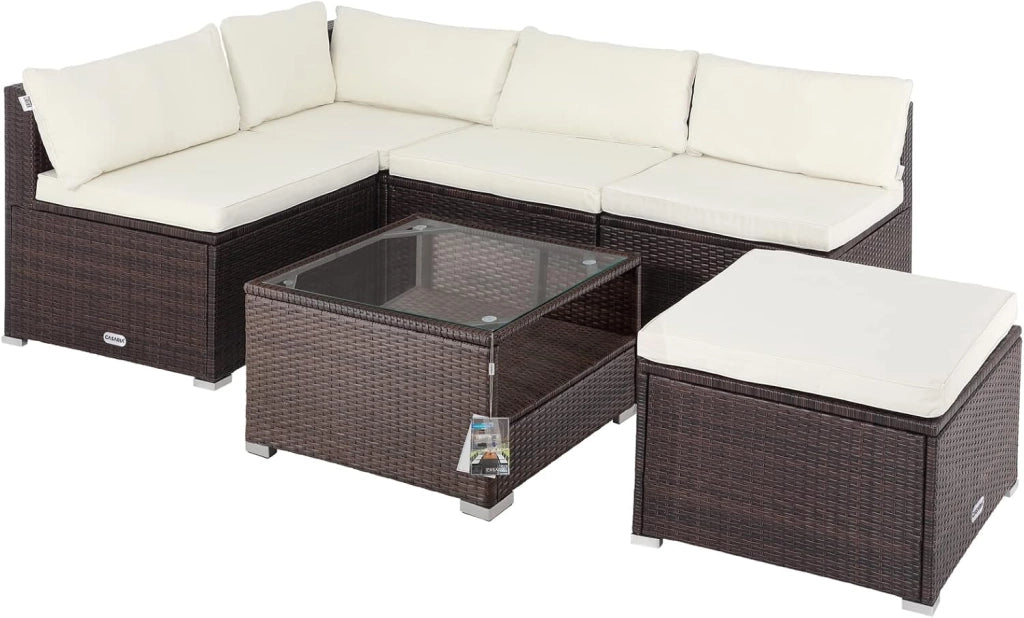 Set Salotto in Polyrattan XL Cuscini Imbottiti Tavolo in Vetro Resistente Mobili Giardino Salottino Angolo Ripiano Extra