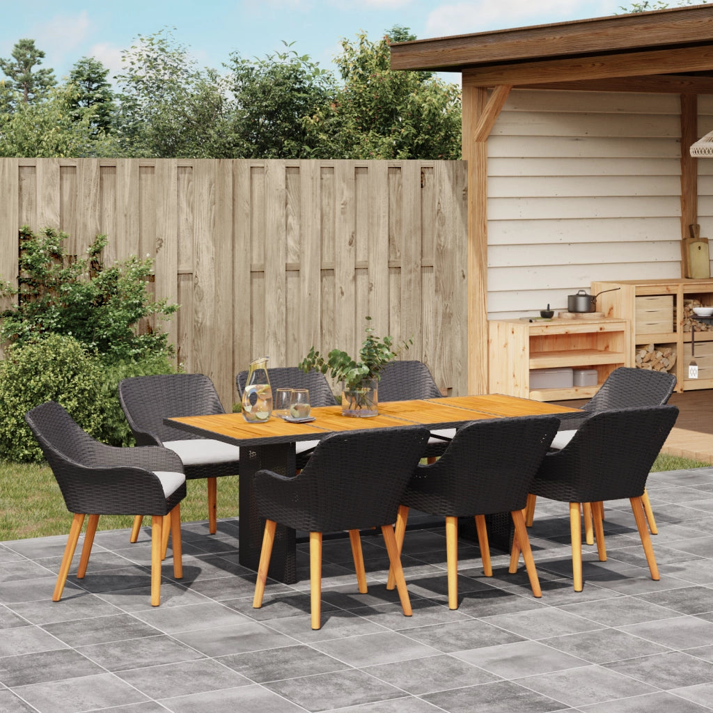 Set da Pranzo da Giardino da 9 Pezzi in Rattan Poliestere Nero