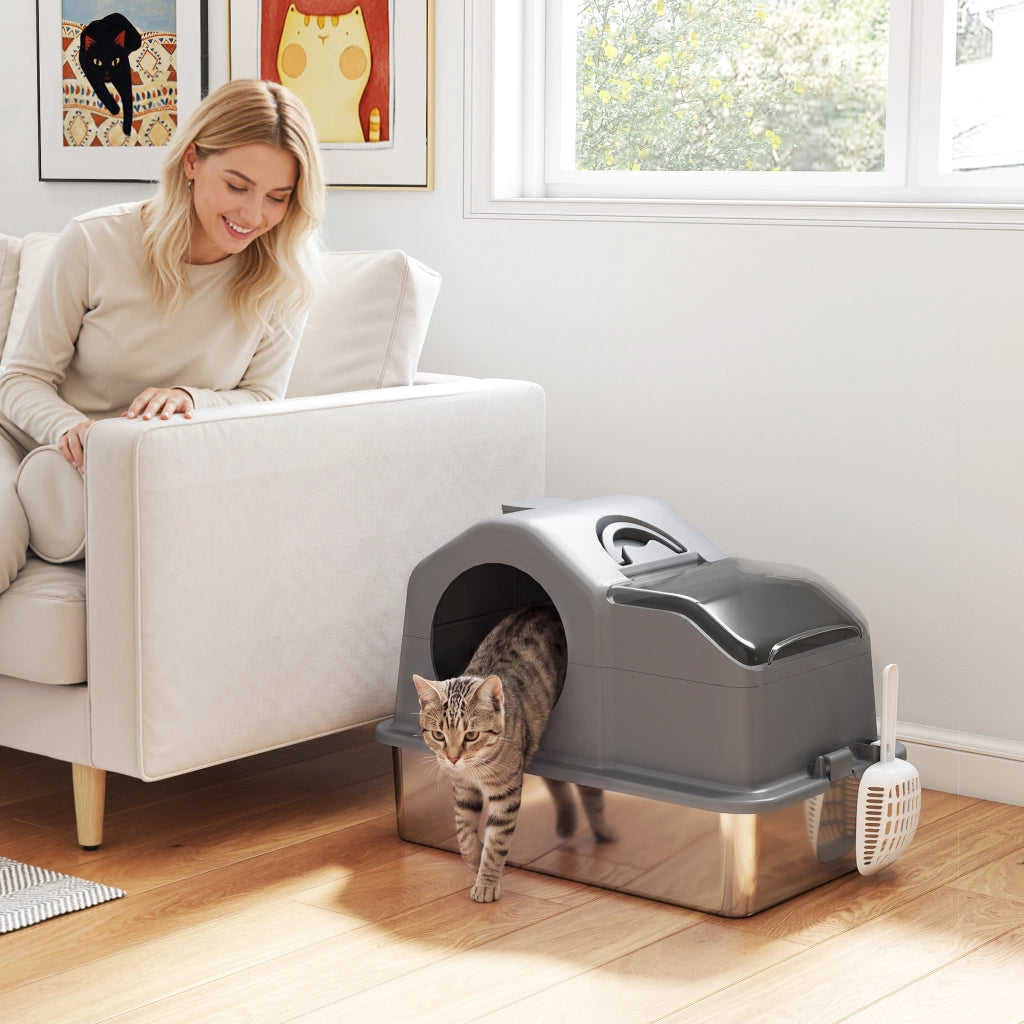 Lettiera Gatto Chiusa XL 60,5x40,5x45 cm con Coperchio Paletta Tappetino di Raccolta in Acciaio Inox Grigio Scuro