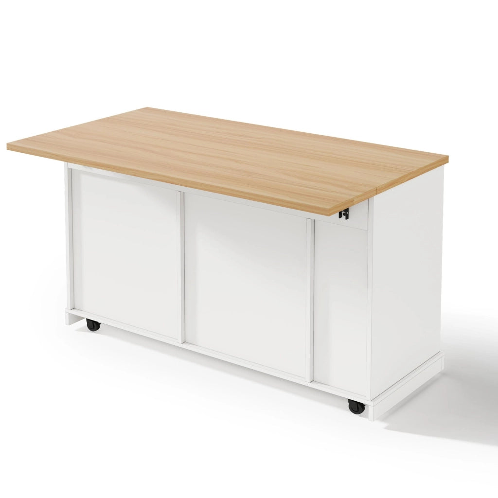 Isola da cucina, piano ribaltabile, scaffale a 4 ripiani per condimenti, 2 cassetti, ruote con freno, colore bianco e naturale