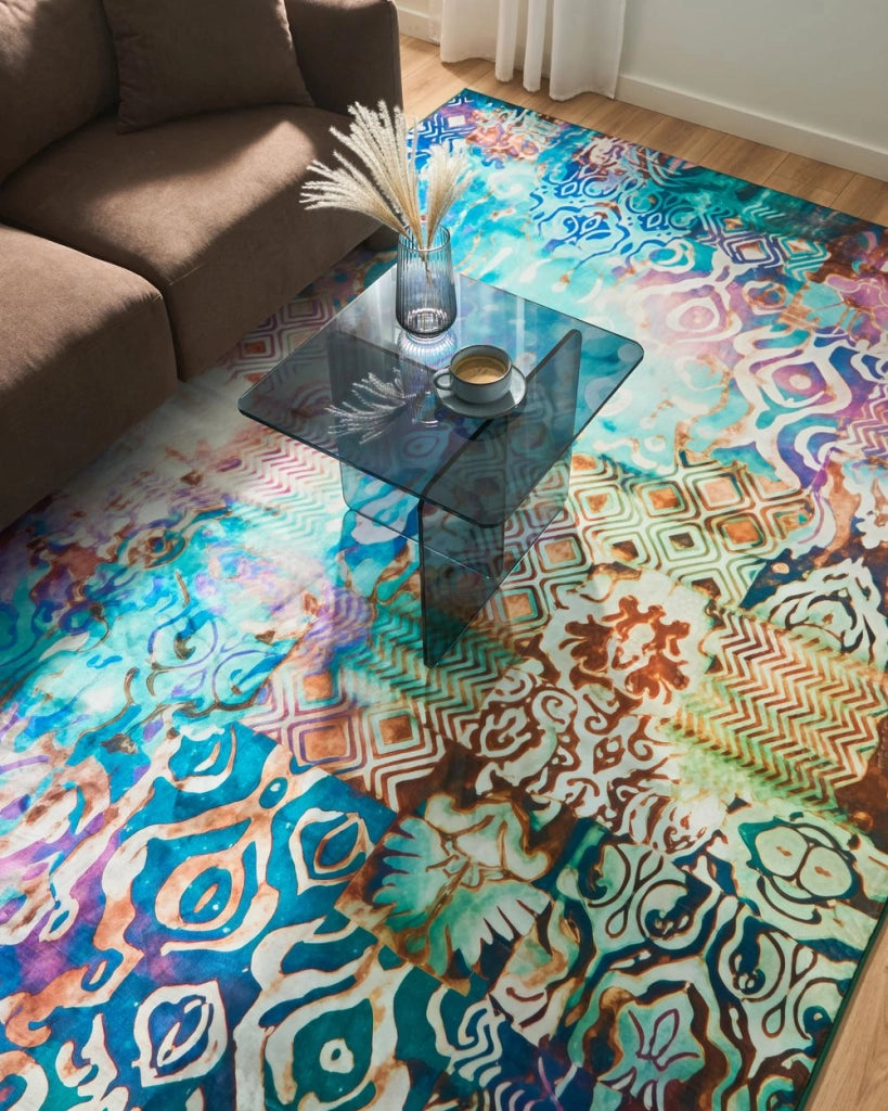 Tappeto a tessitura piana in stile boho orientale con vivace motivo stampato multicolore 200 x 300 cm