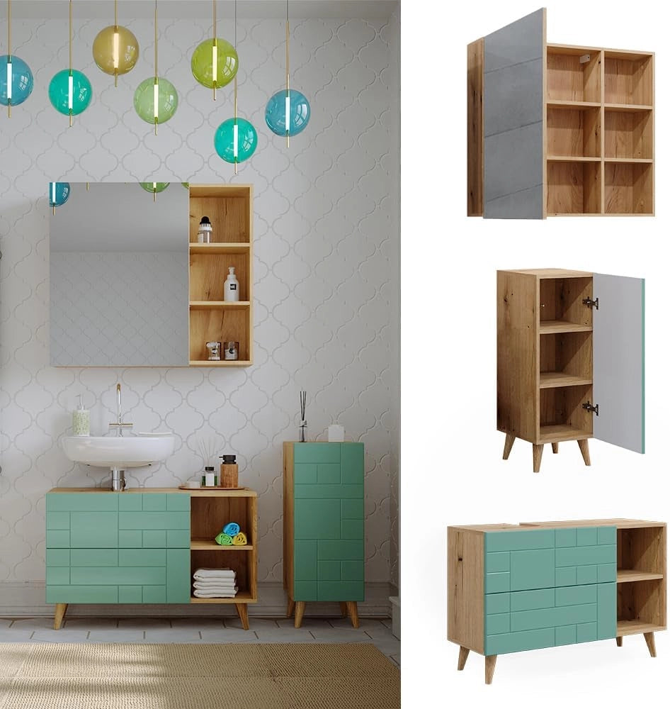 Set di mobili da bagno Rudi, Verde menta, 90 cm, composto da mobile sottolavabo, specchiera e mobile medio