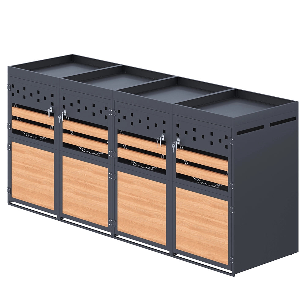 Box per rifiuti 4 posti con tetto vegetale - Xylo - 120-240 litri - Colore antracite - Porta in legno, estensibile