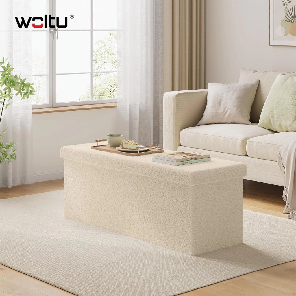 Cassapanca Contenitore da Interno, Pouf Poggiapiedi Pieghevole, con Pannello Divisorio, Rivestimento in Tessuto Teddy, per Camera da Letto, Ingresso, Soggiorno, 110x38x38,5 cm, Beige