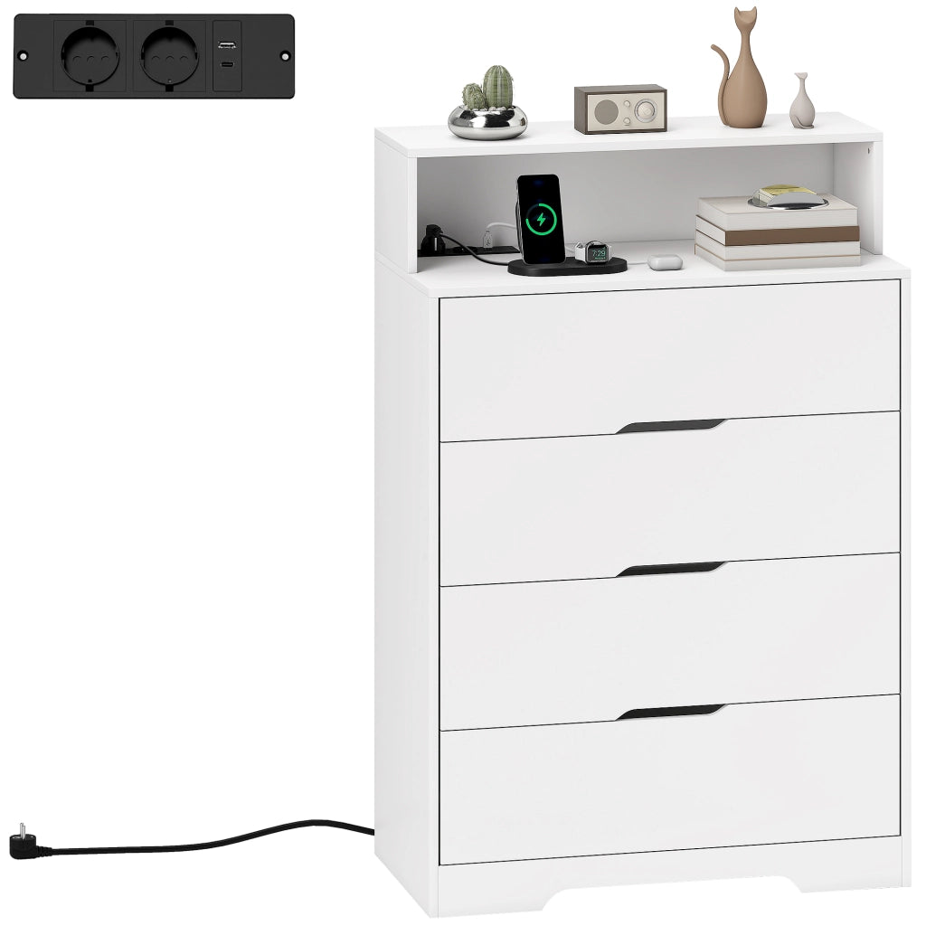 Cassettiera con 4 Cassetti e Stazione di Ricarica USB USB-C ¨C zephmum ¨C Bianco 80x40x120 cm