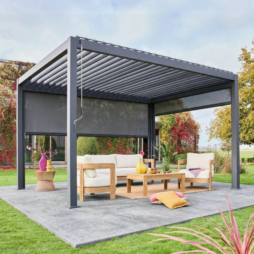 Pergola bioclimatica 3x4m in alluminio + tenda da 3m + tenda da 4m,