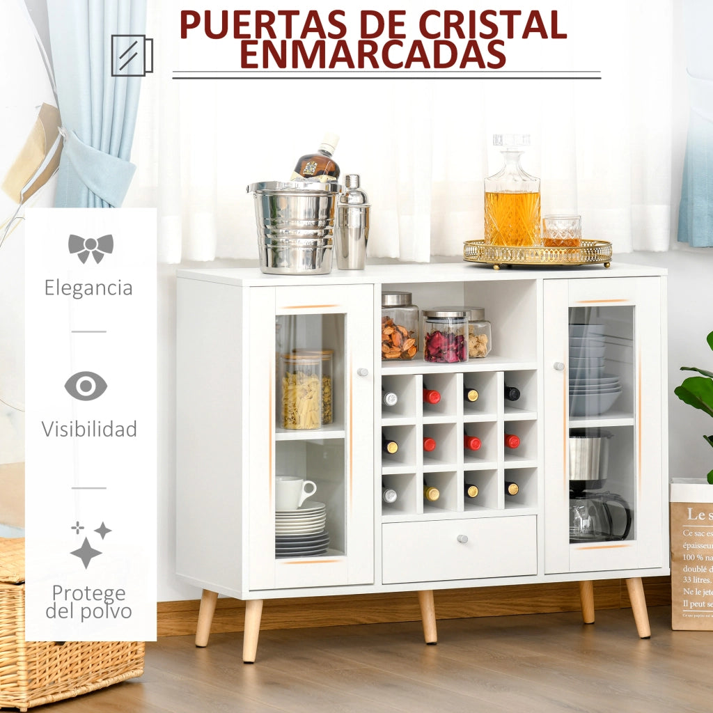 Mobile Cucina con Bottigliera, Cassetto e 2 Ante a Vetro ¨C zephmum ¨C Bianco 100x33x80 cm