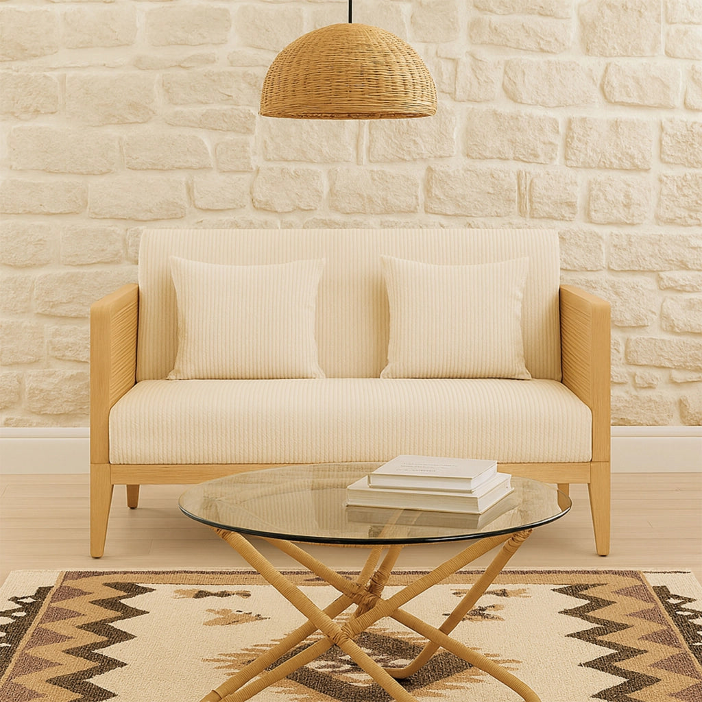 Artena Duo - Divano 2 Posti 143x80x84,5 cm Divanetto in Legno Massello e Polyrattan Rovere con Cuscini Bianco