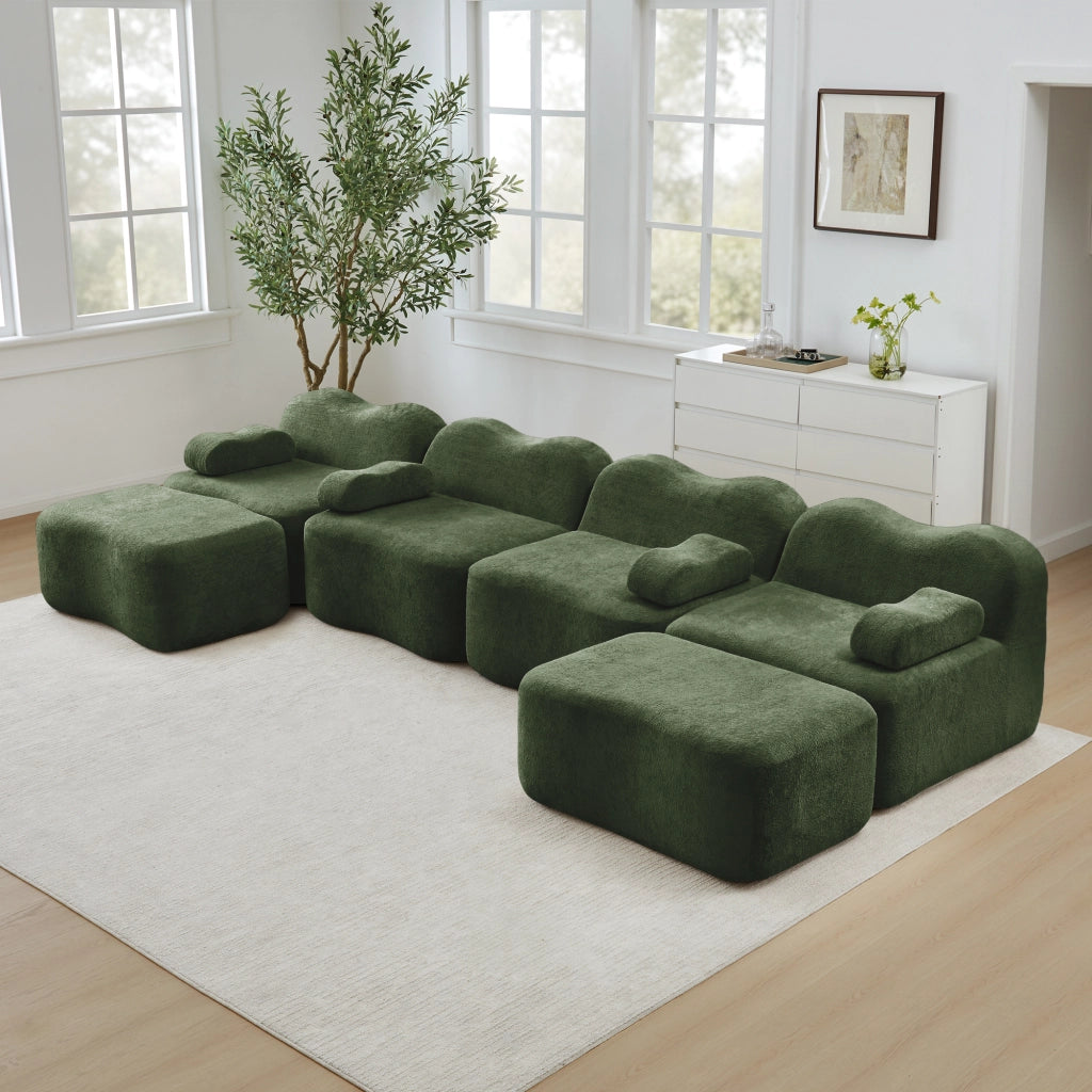 Divano modulare angolare a U 4 posti; senza struttura; con pouf; velluto verde