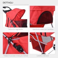 Passeggino per Cani Piccoli Pieghevole, Carrozzina per Cani con Ruote con Freni, Portabicchieri, Cestino Portaoggetti, 3 Finestre e Ruote Anteriori a 360°, per Animali Domestici 10 kg, Rosso