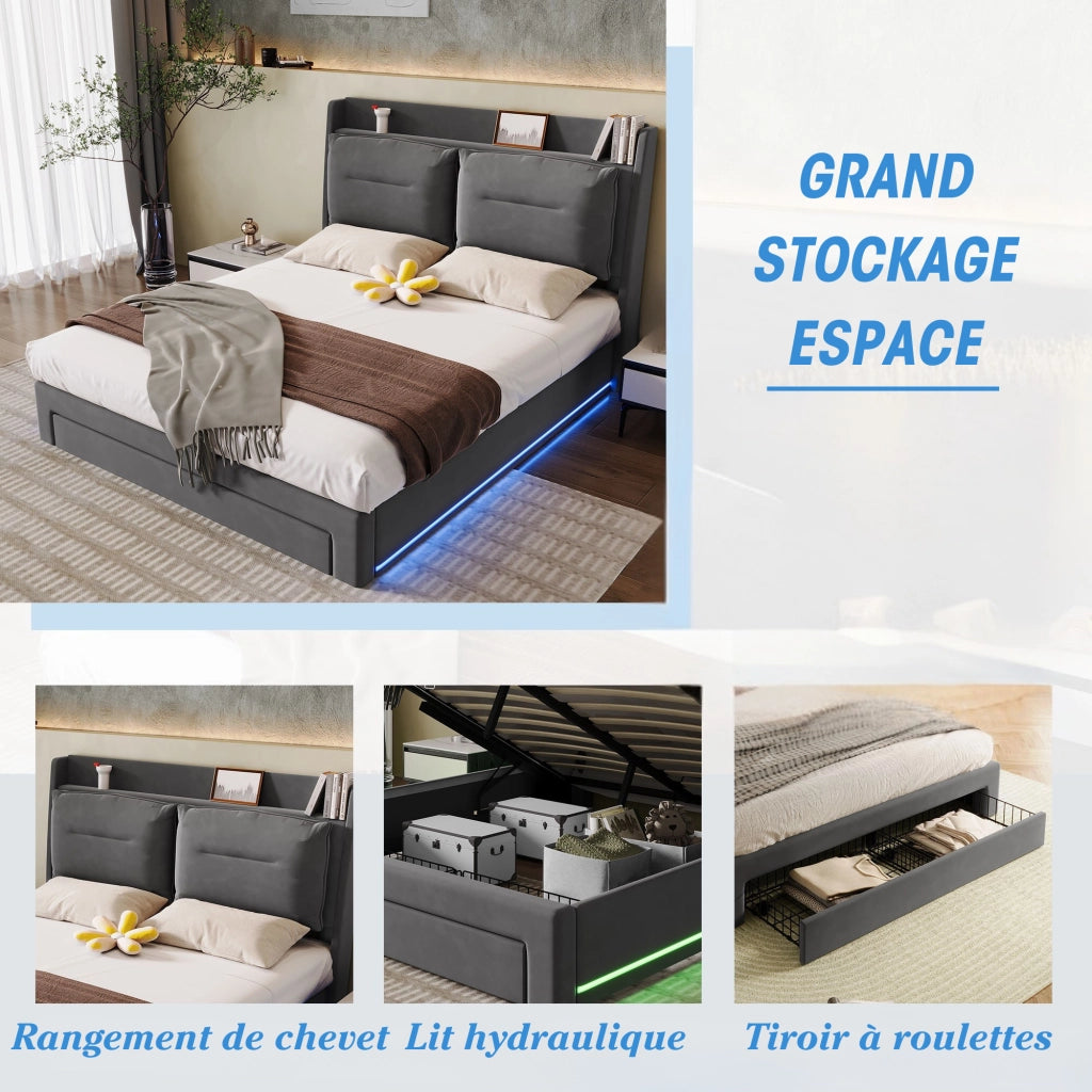 OKWISH Letto Contenitore 140×190 cm, Letto Matrimoniale con Sollevamento Idraulico, 1 Cassetto 2 in 1 e LED Regolabile, senza Materasso, in Velluto, Grigio Scuro