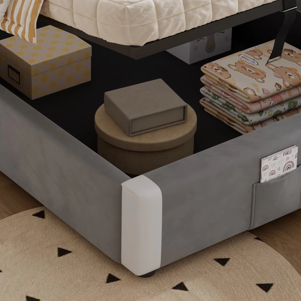 Letto Singolo 90x200 cm; Letto con Contenitore; Tasca portaoggetti; Sponda imbottita e Maniglie a cinghia